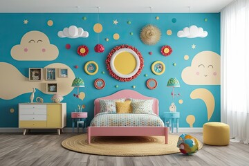 Wall Mural - Playful Mockup Decor for Kids' Room Wall Art with Whimsical Background and 3D Arrangement