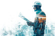© IMOTION - Construction engineer in double exposure above city and construction site isolated on transparent background
