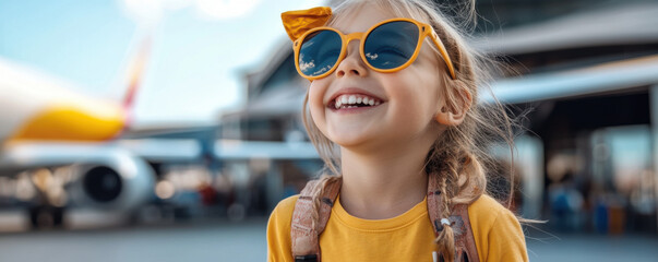 A joyful child in yellow sunglasses and matching clothes, smiling at the airport, ready for a travel adventure.