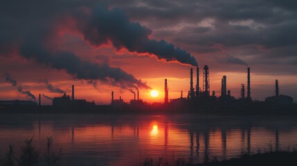 A sunset over a city with a large industrial area. The sky is filled with smoke from the factories