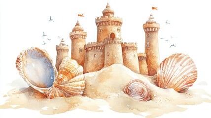 A sandcastle with seashells, childhood summer memory, handdrawn illustration, isolated on white background