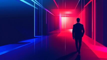 Wall Mural - Silhouette of a Man Walking Towards a Red and Blue Neon Corridor