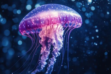 Wall Mural - majestic purple jellyfish illuminated in deep azure waters bioluminescent tendrils trailing gracefully ethereal underwater scene with subtle light rays