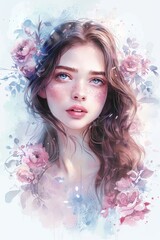 Canvas Print - A girl with rosy cheeks, blue eyes and flowing brown hair surrounded by flowers.