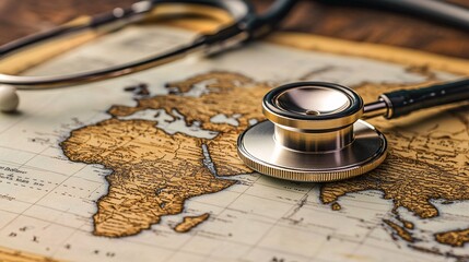 Global healthcare concept, stethoscope on a world map, symbolizing the exploration and connectivity of international medicine.