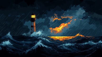 Wall Mural - Illuminated Lighthouse Standing Tall in a Stormy Sea