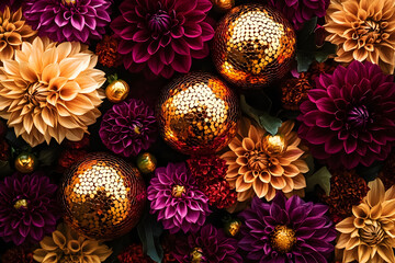 Wall Mural - golden shiny disco balls and dark burgundy, purple and orange dahlias flat lay pattern, fall vibes