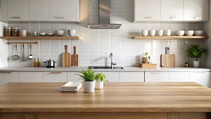 Empty table board with modern kitchen background for product display