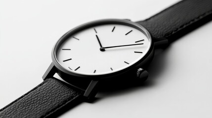 Wall Mural - A closeup view showcases a minimalist wristwatch featuring a sleek black leather band and a clean white dial, emphasizing its elegant design and simplicity in a modern setting