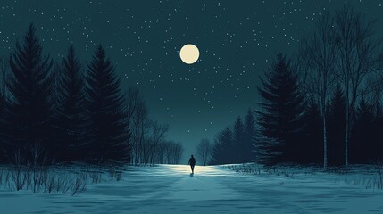 Wall Mural - A Solitary Figure Walks Through a Snowy Forest Under a Full Moon and Starry Sky