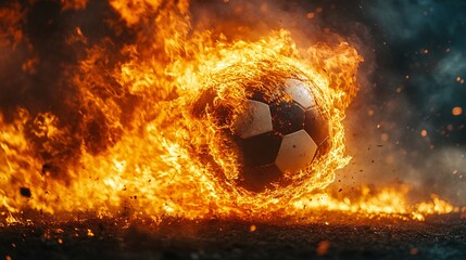 Wall Mural - Football on fire, bursting with energy, intense flames engulfing the ball, dynamic and powerful sports imagery.