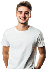 smiling young man in white t-shirt looking at camera isolated on white