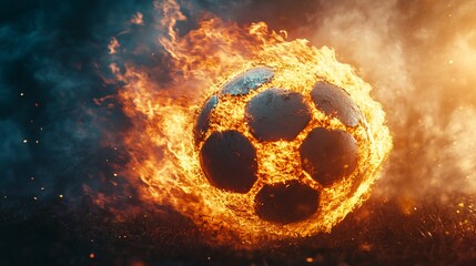 Wall Mural - Football on fire, bursting with energy, intense flames engulfing the ball, dynamic and powerful sports imagery.