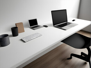 Wall Mural - A minimalist office desk with a computer and books on top,