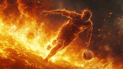 Wall Mural - Football on fire, surrounded by energetic flames, dynamic and intense visual, capturing the thrill and power of the game.