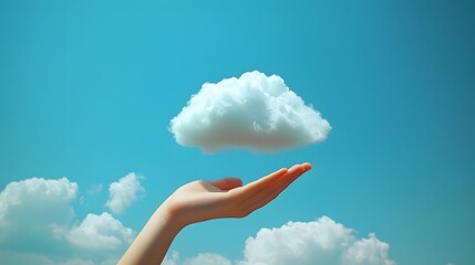 Wall Mural - Outstretched hand presenting a soft white cloud in a clear blue sky