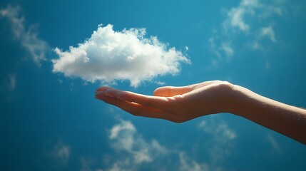 Wall Mural - Outstretched hand presenting a soft white cloud in a clear blue sky