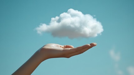 Wall Mural - Hand balancing a soft white cloud in a calm blue sky