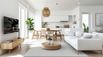  interior design of modern living room in white and wooden colors