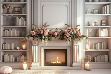 Wall Mural - Light luxury interior with fireplace and flowers, shelves adorned with books and decorations