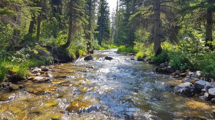 Wall Mural - A stream flows through a forest.