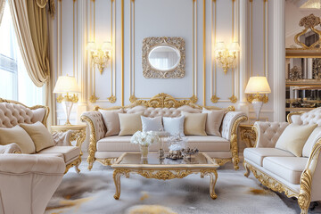 Wall Mural - Luxury living room in light colors with golden furniture details. Elegant classic interior featuring plush upholstery, ornate golden accents, and timeless design elements