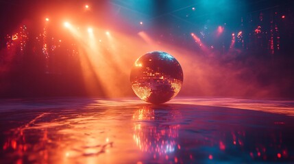 Nightclub scene with a colorful disco mirror ball, light reflections casting dynamic patterns across the room, vibrant and energetic.