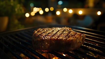 Wall Mural - Grilled steak with a glass of red wine on a barbecue under warm evening lights