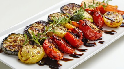 A vibrant assortment of roasted zucchini, bell peppers, squash, and carrots is artfully arranged on a white platter, garnished with fresh herbs for a nutritious dish