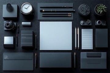 Wall Mural - Top view of a flat lay workspace with black and gold accents.