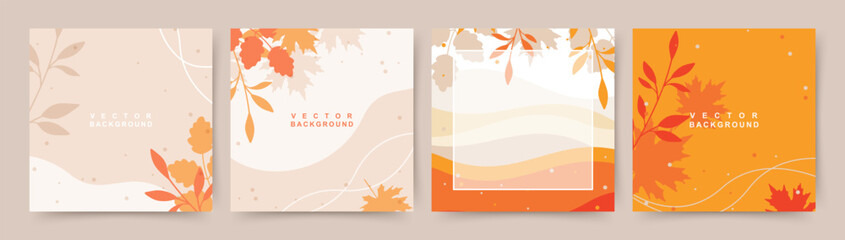 Wall Mural - autumn square backgrounds. minimalistic style with elements of branches and leaves. editable vector 