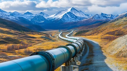 A long blue pipeline runs through a mountain valley. The pipeline is surrounded by mountains and a large field of yellow grass. Concept of industrial activity