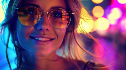 Woman in sunglasses smiling against bright blurred lights at night.