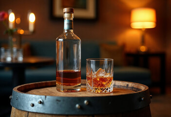 Whiskey glass with ice and a tumbler on a wooden barrel, warm lighting creating a luxurious, inviting atmosphere.







