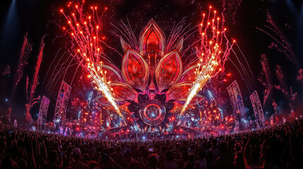 Crowd enjoying live music concert with fireworks exploding at night