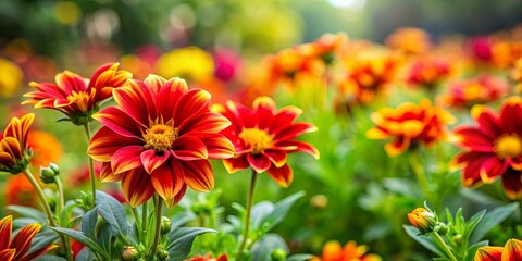 Wall Mural - Red and yellow flowers in the foreground with green foliage in the background