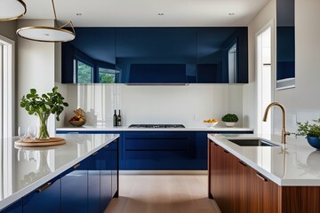 Modern Navy Blue Dining Chair in a Stylish Kitchen with Glossy White Countertops and Elegant Minimalist Design