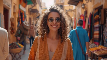 Smiling woman in glasses and sweater. Walking down the street and smiling at the camera.