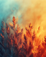 Poster - Abstract burning plants with a teal and orange gradient background, artistic and fiery with copy space