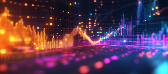 Abstract digital background with glowing lines and blurred lights representing data and growth.