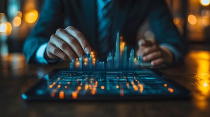 Businessman uses digital tablet to analyze and calculate financial data with economic growth graph, business strategy and planning.