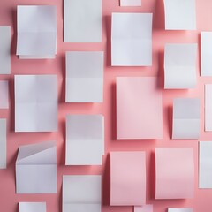 Wall Mural - Top view of blank and empty sheets of paper on pink background with copy space