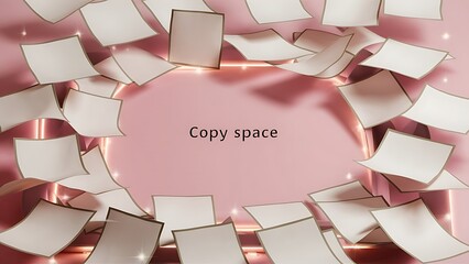 Top view of blank and empty sheets of paper on pink background with copy space