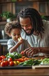 © yevgeniya131988 - Black father and son preparing vegetables together in a happy, casual kitchen atmosphere