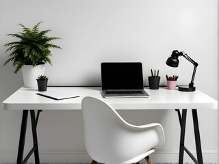 Wall Mural - A minimalist office desk with a computer and books on top,