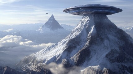 Canvas Print - UFO Over Snowy Mountain Range