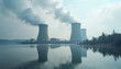 © abu - White smoke billows from nuclear power plants by a lake, with reflections in the water, creating a dramatic and impactful scene.