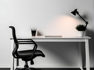 Wall Mural - A minimalist office desk with a computer and books on top,