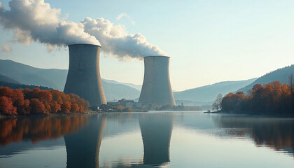 White smoke billows from nuclear power plants by a lake, with reflections in the water, creating a dramatic and impactful scene.







