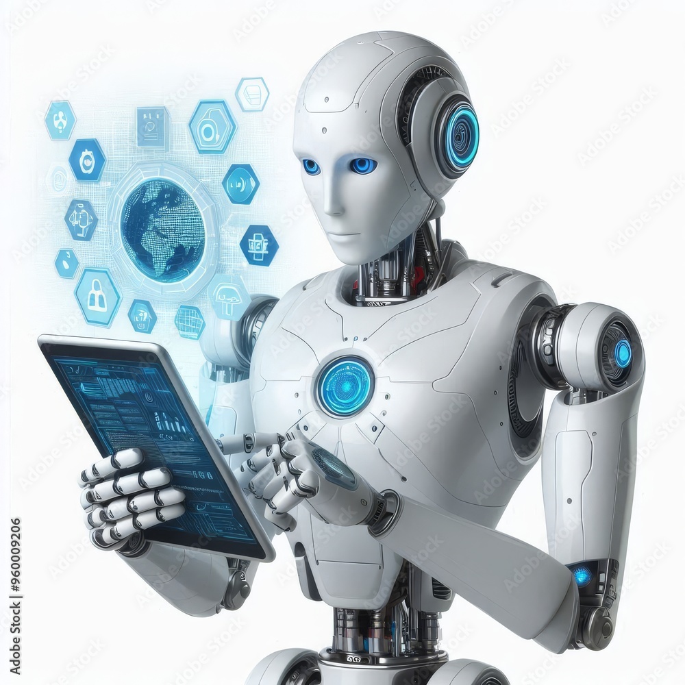 Ai robot using tablet isolate on transparency background PNG Stock ...